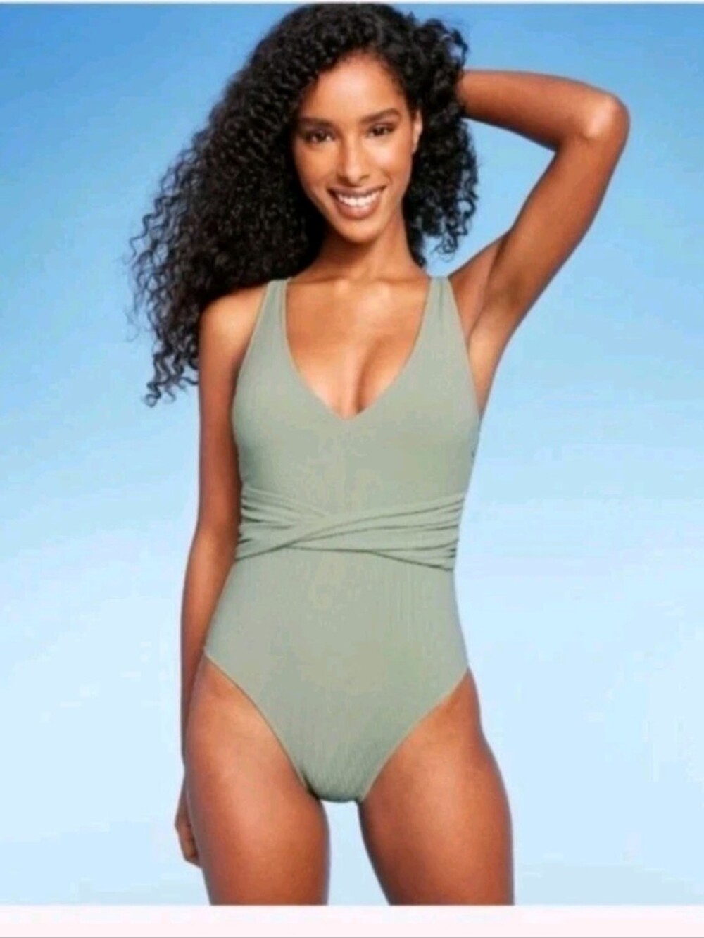 Shade & Shore Ribbed Plunge Twist-Front One Piece Swimsuit Womens Sage NWT